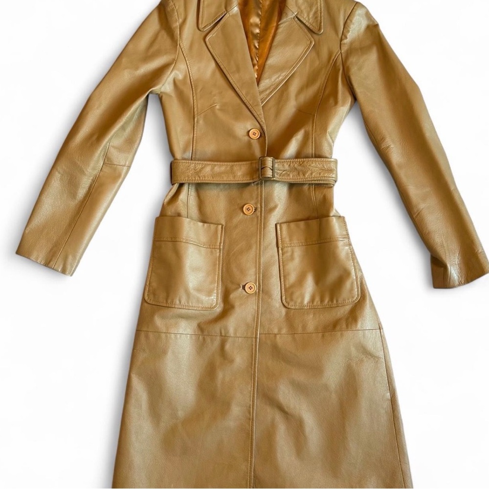 Rare tan leather long trench coat S